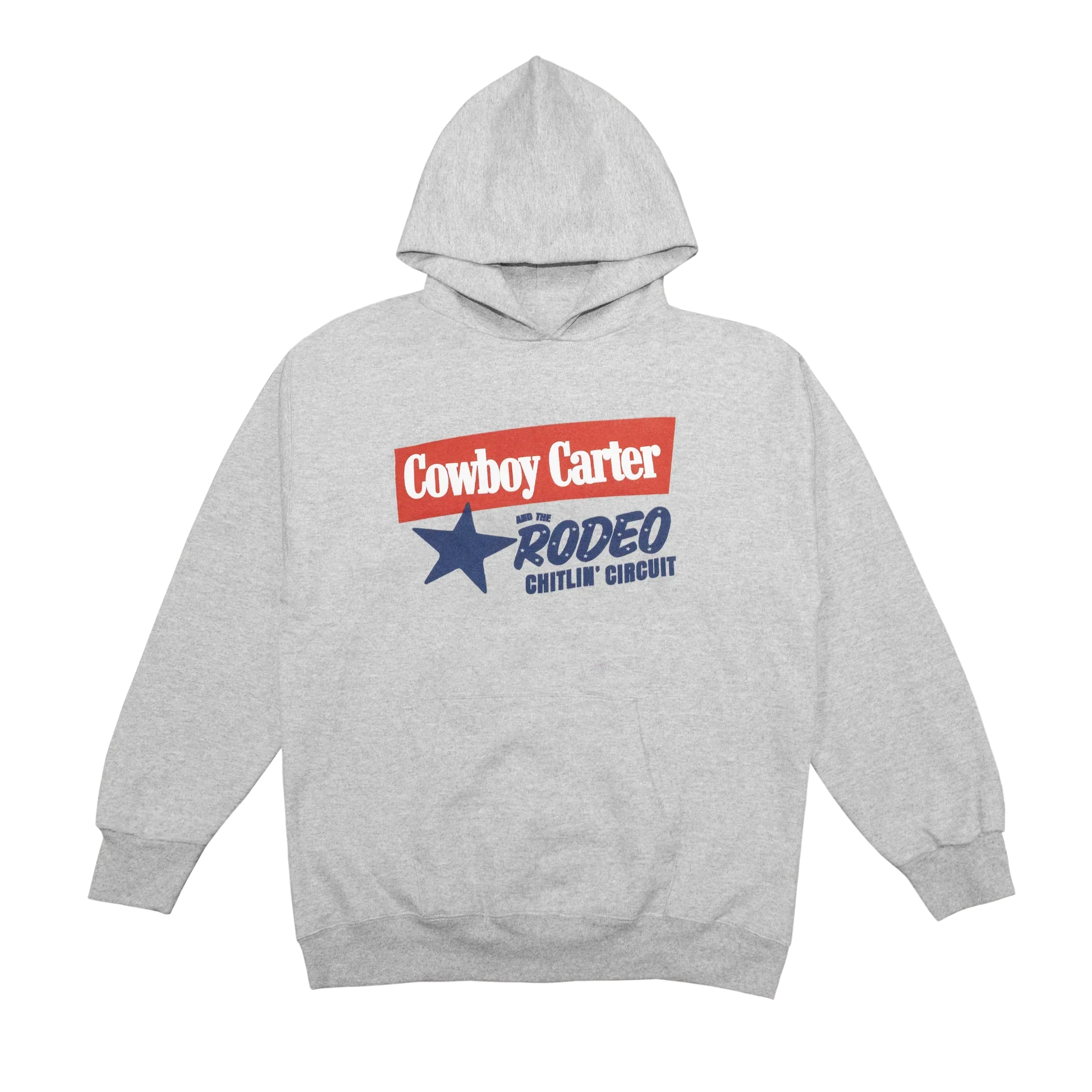 Grey hoodie front featuring Cowboy Carter rodeo graphic with red banner text and blue star design