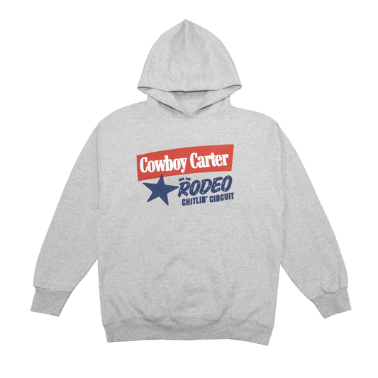 Grey hoodie front featuring Cowboy Carter rodeo graphic with red banner text and blue star design