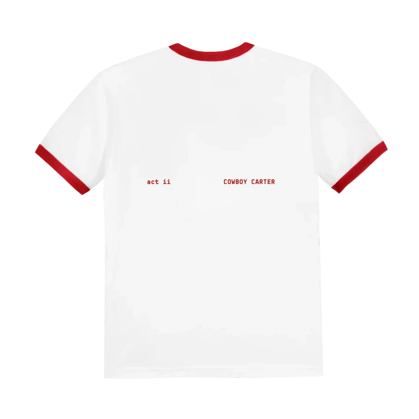 White ringer t-shirt back with red “act ii cowboy carter” text print