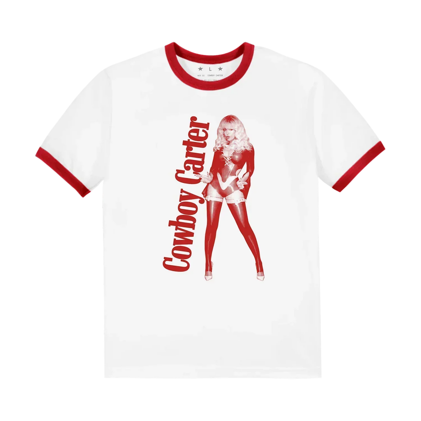 White ringer t-shirt with red trim featuring Beyoncé cowboy carter graphic and vertical text