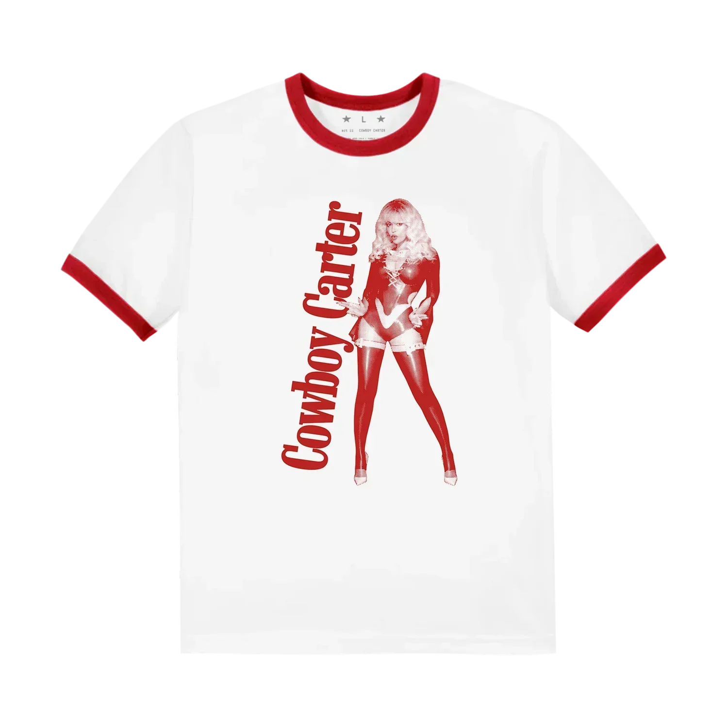 White ringer t-shirt with red trim featuring Beyoncé cowboy carter graphic and vertical text