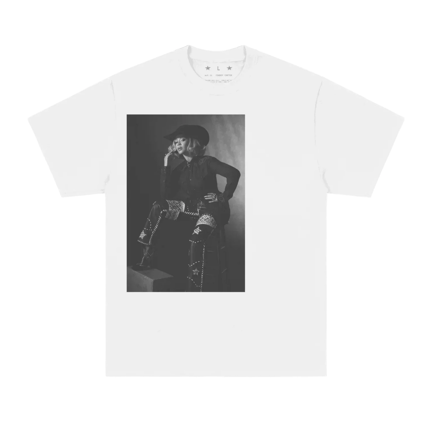White t-shirt front featuring black and white Cowboy Carter Beyoncé portrait graphic with western styling