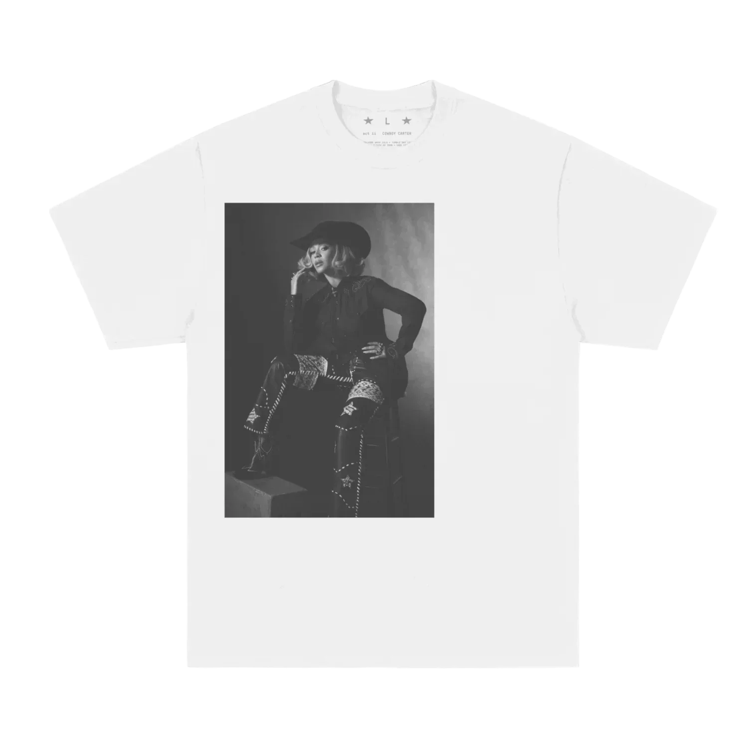 White t-shirt front featuring black and white Cowboy Carter Beyoncé portrait graphic with western styling