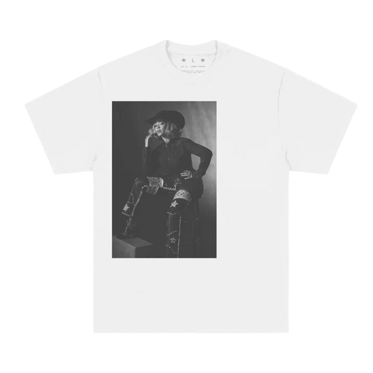 White t-shirt front featuring black and white Cowboy Carter Beyoncé portrait graphic with western styling