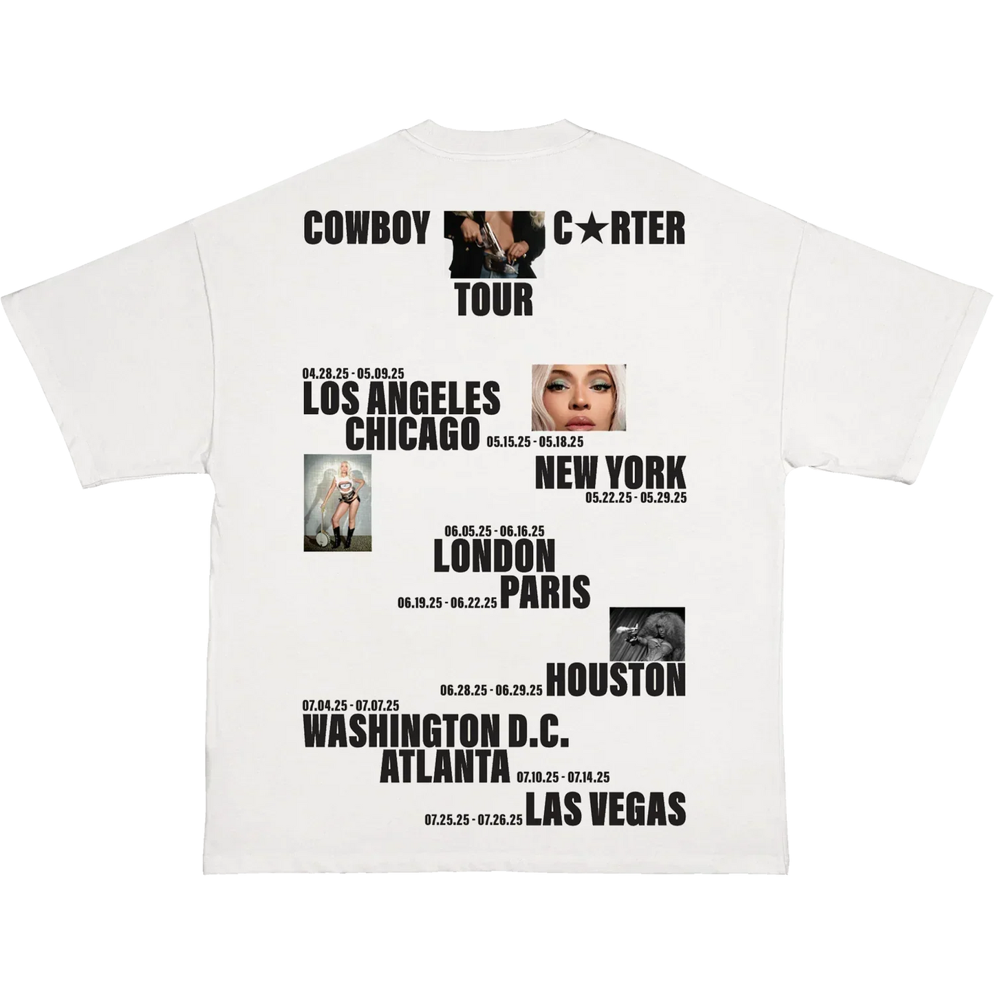 White t-shirt back featuring Cowboy Carter tour dates with cities and collage style graphics