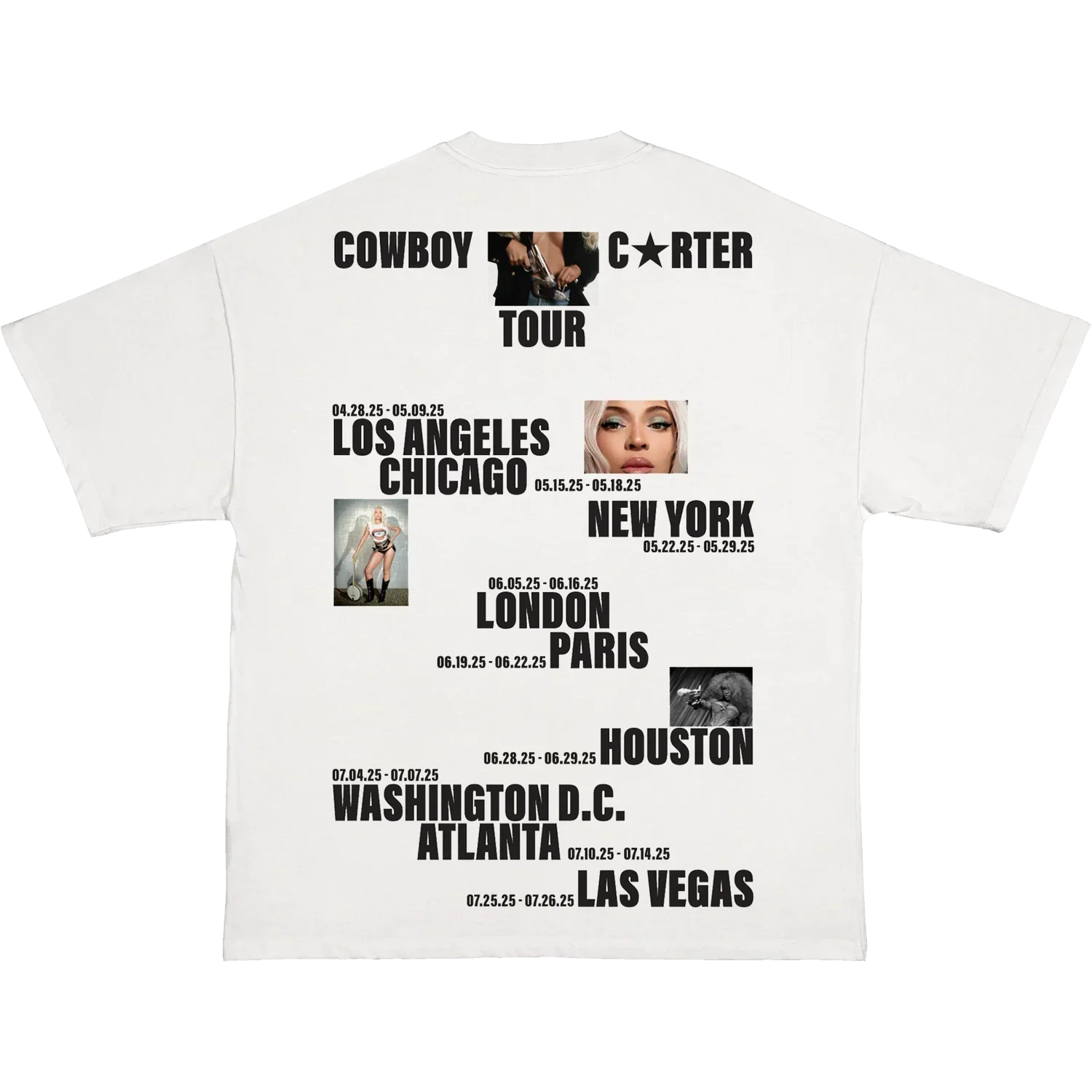 White t-shirt back featuring Cowboy Carter tour dates with cities and collage style graphics