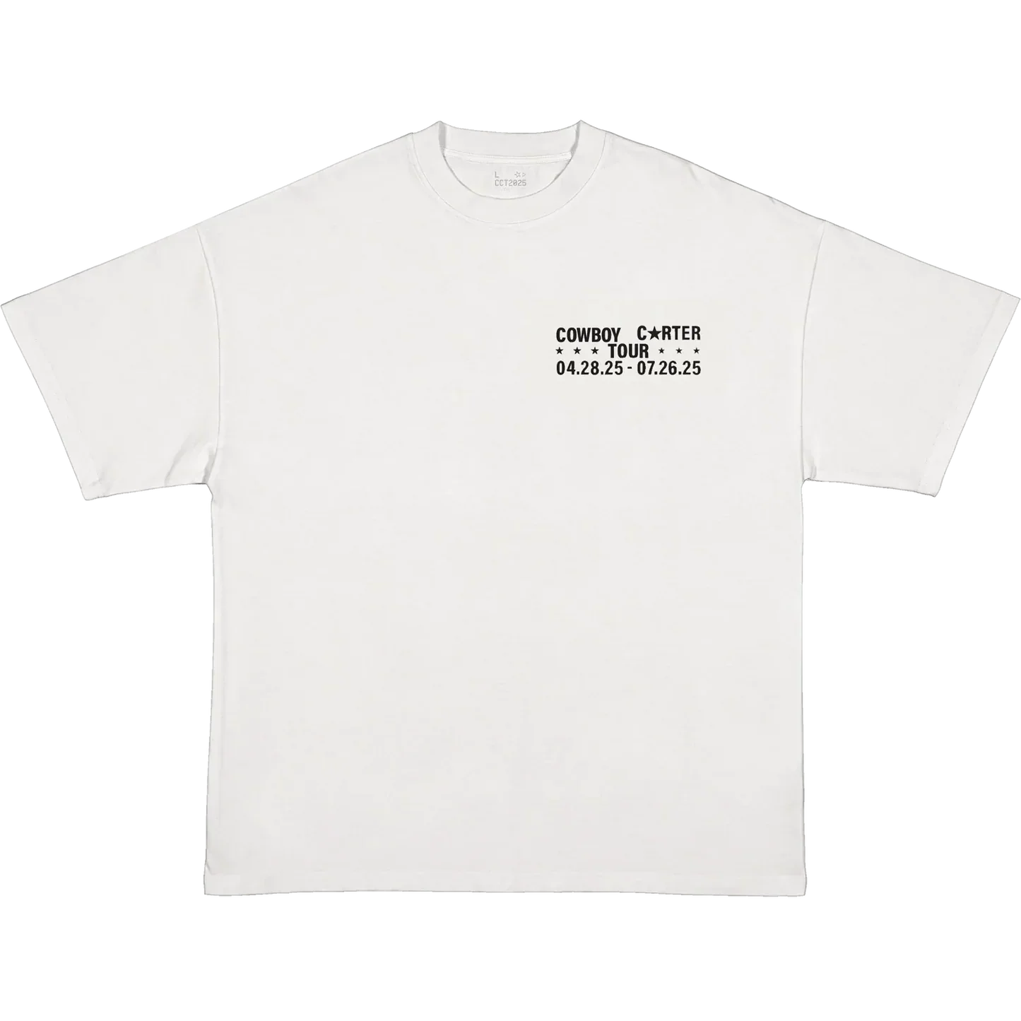White t-shirt front with minimalist Cowboy Carter tour text and date print in black