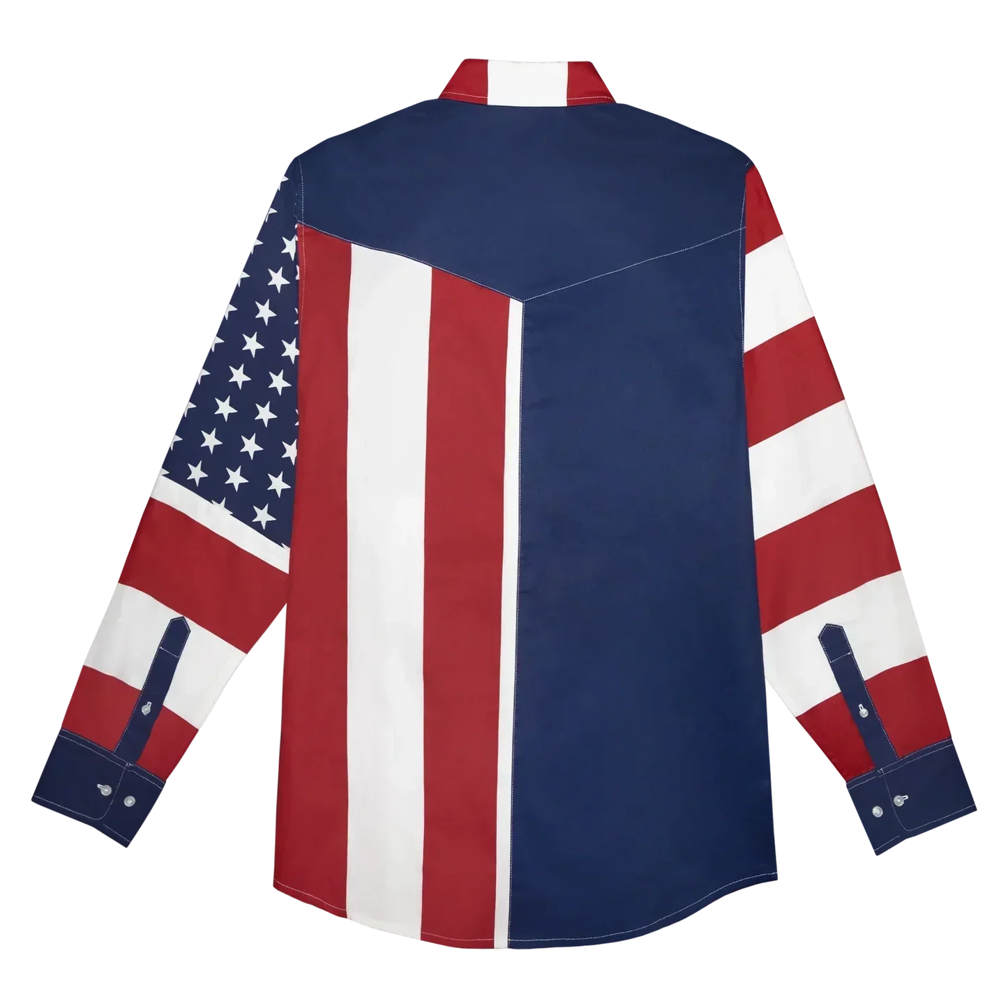 Red white and blue woven shirt back with bold American flag panel design and contrasting blue yoke