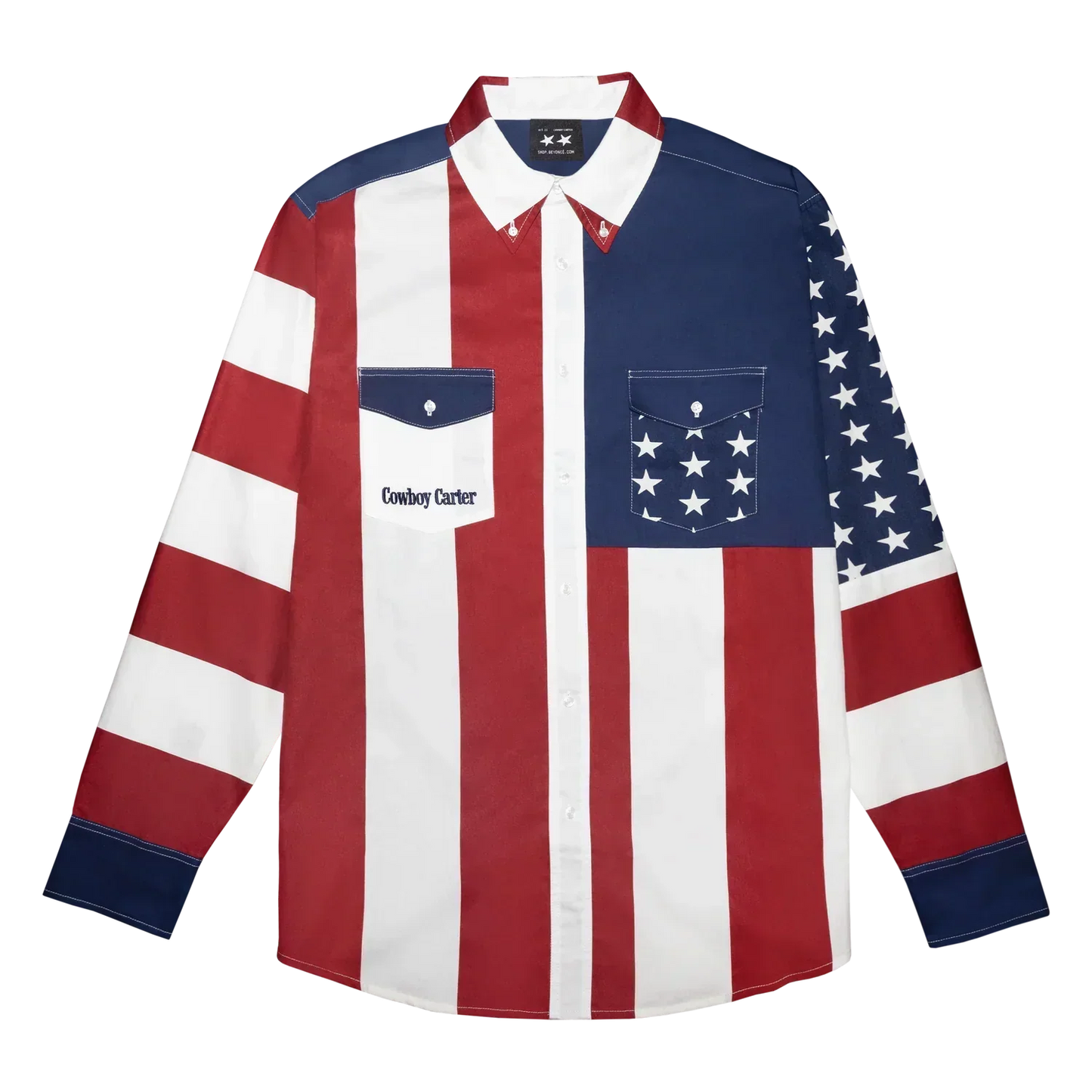 Red white and blue button-up shirt front featuring American flag design with Cowboy Carter pocket detail