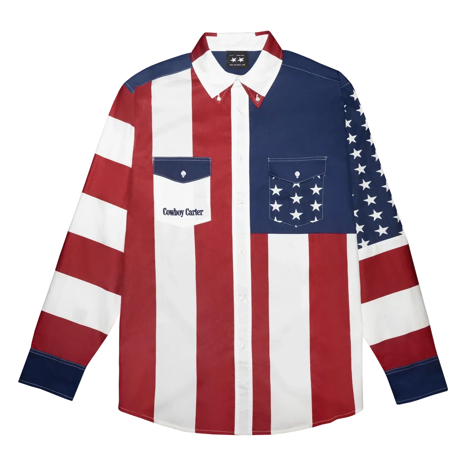 Red white and blue button-up shirt front featuring American flag design with Cowboy Carter pocket detail