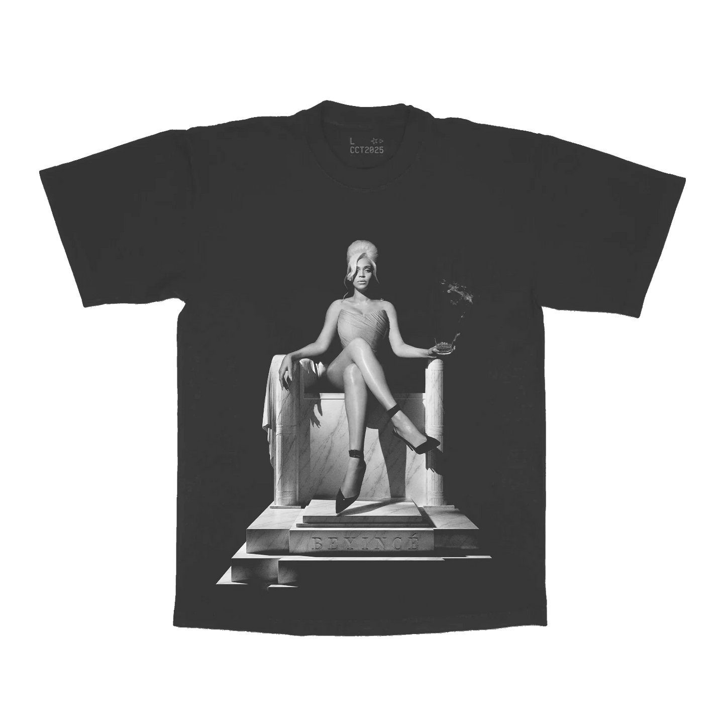 Grey t-shirt front featuring black and white Beyoncé throne portrait graphic with elegant seated pose design