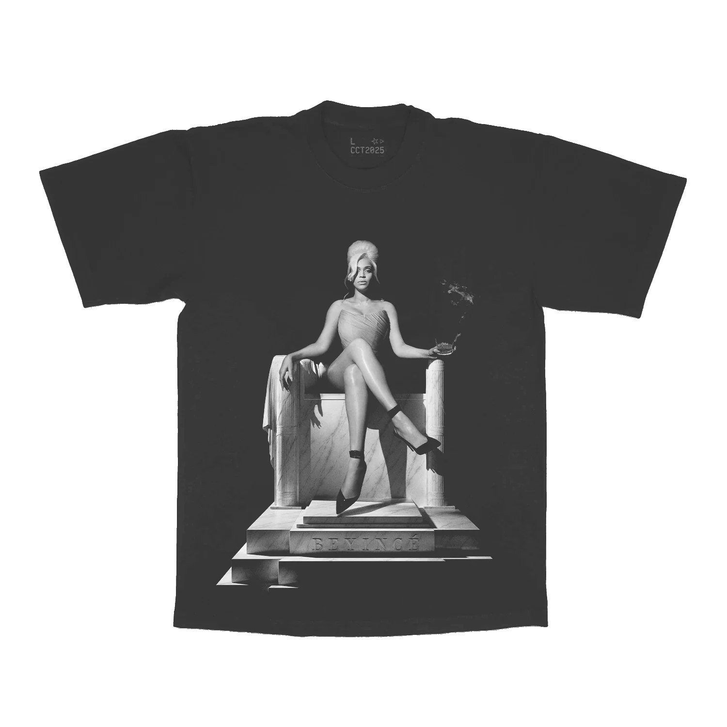 Grey t-shirt front featuring black and white Beyoncé throne portrait graphic with elegant seated pose design