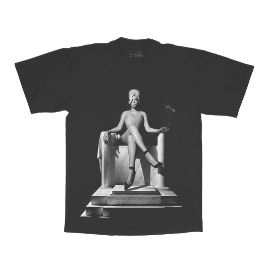 Grey t-shirt front featuring black and white Beyoncé throne portrait graphic with elegant seated pose design