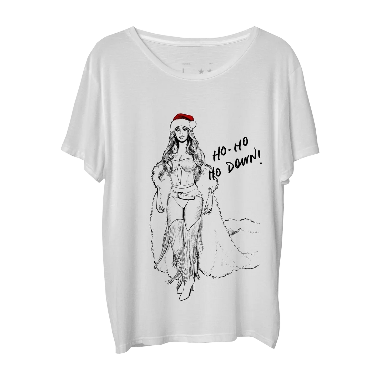 White t-shirt front featuring Beyoncé illustration wearing santa hat with ho ho ho ho down text and festive western style design
