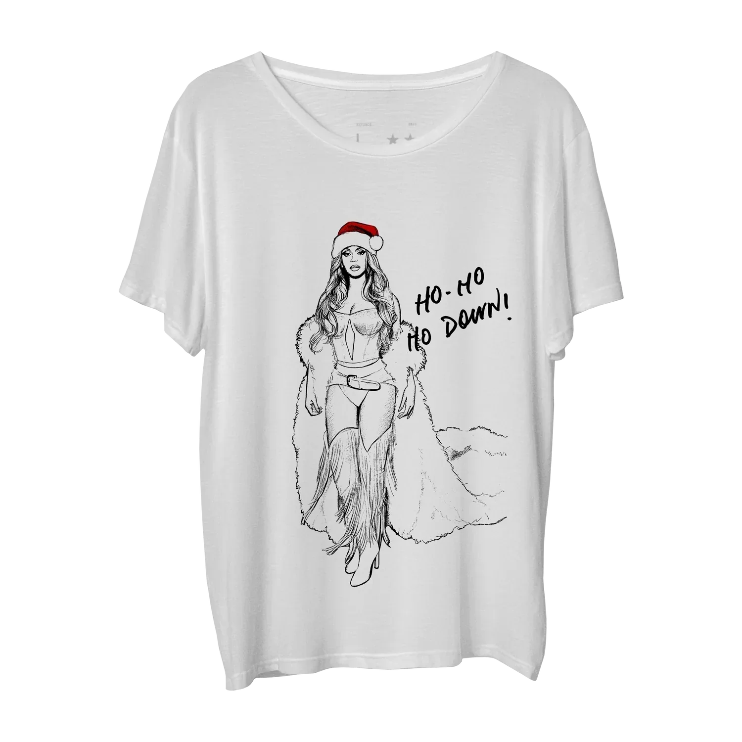 White t-shirt front featuring Beyoncé illustration wearing santa hat with ho ho ho ho down text and festive western style design