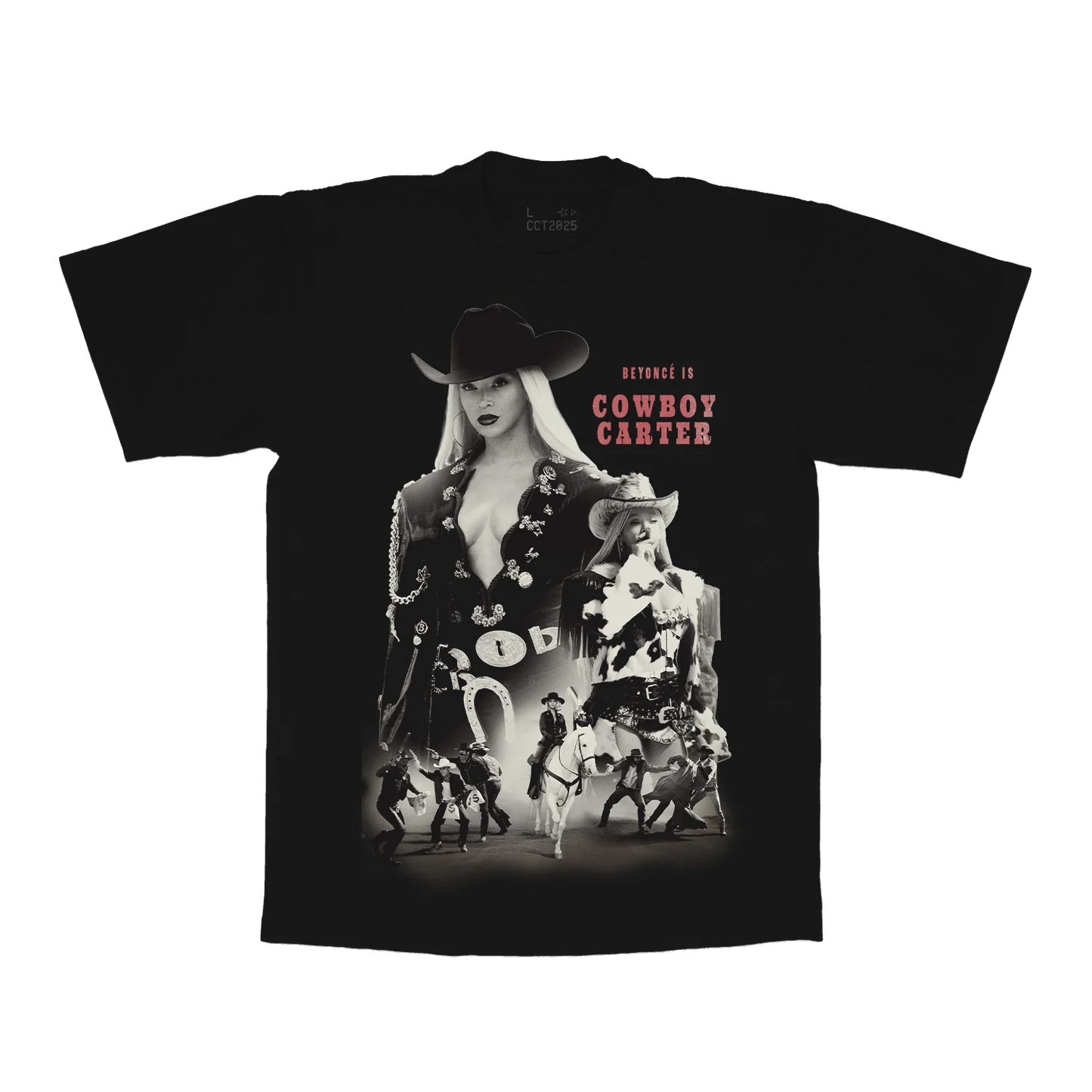 Black t-shirt front featuring Beyoncé cowboy carter collage graphic with western outfit and tour imagery