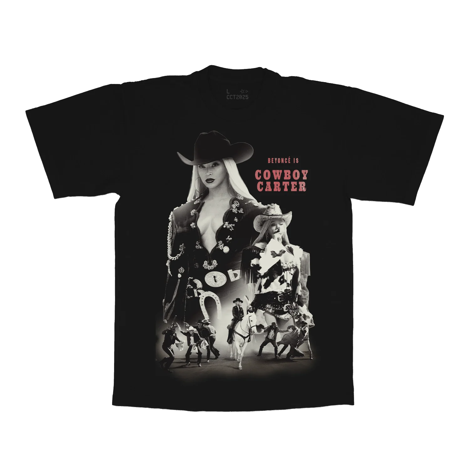 Black t-shirt front featuring Beyoncé cowboy carter collage graphic with western outfit and tour imagery