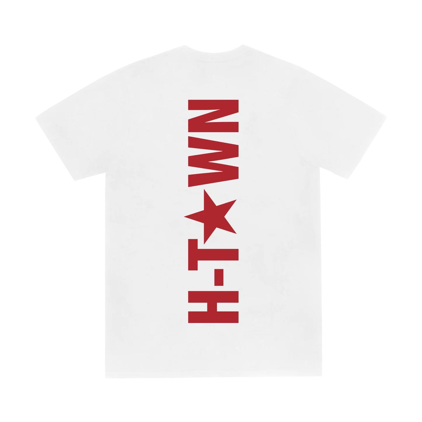 White t-shirt back featuring vertical HTX text with star graphic in bold red minimalist design