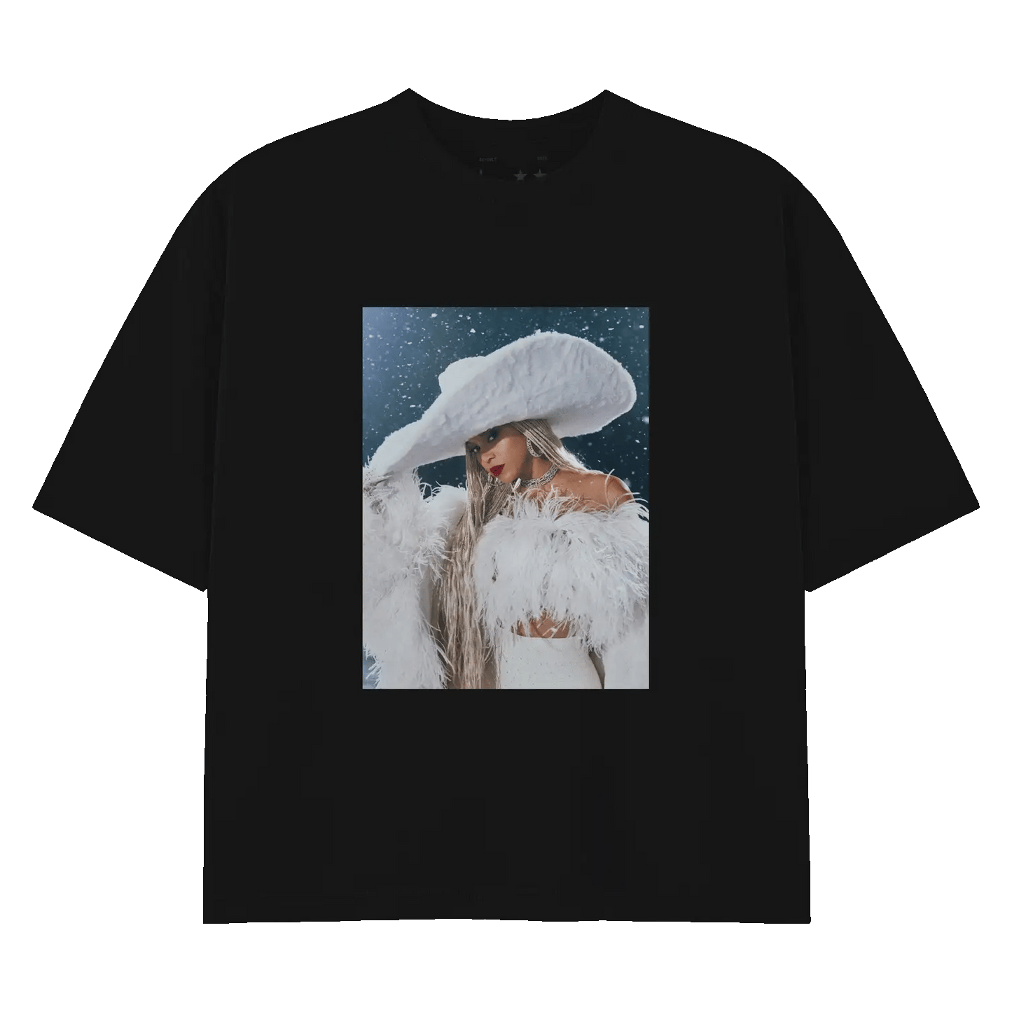 Black t-shirt featuring Beyoncé portrait in white outfit with oversized hat and feather details