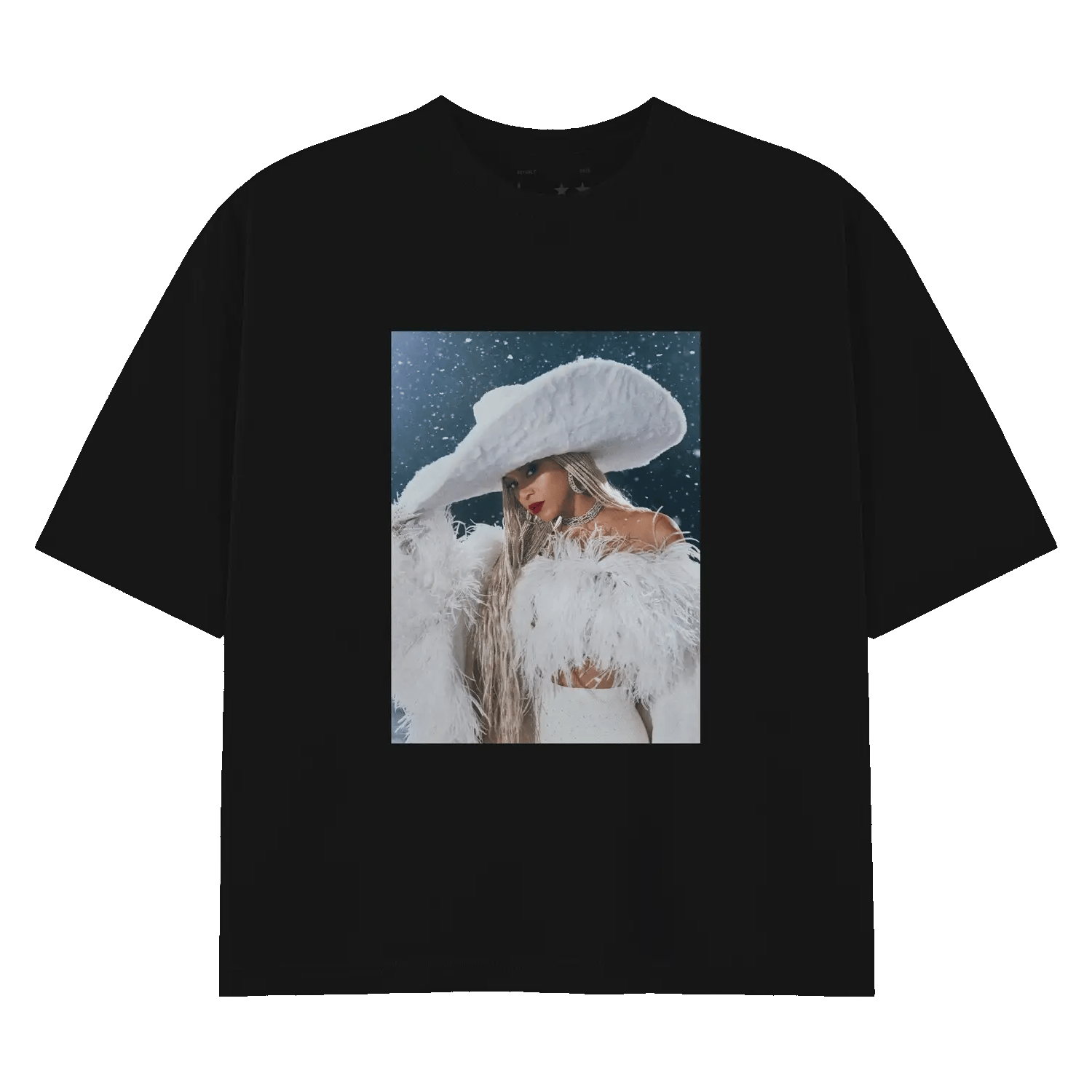 Black t-shirt featuring Beyoncé portrait in white outfit with oversized hat and feather details