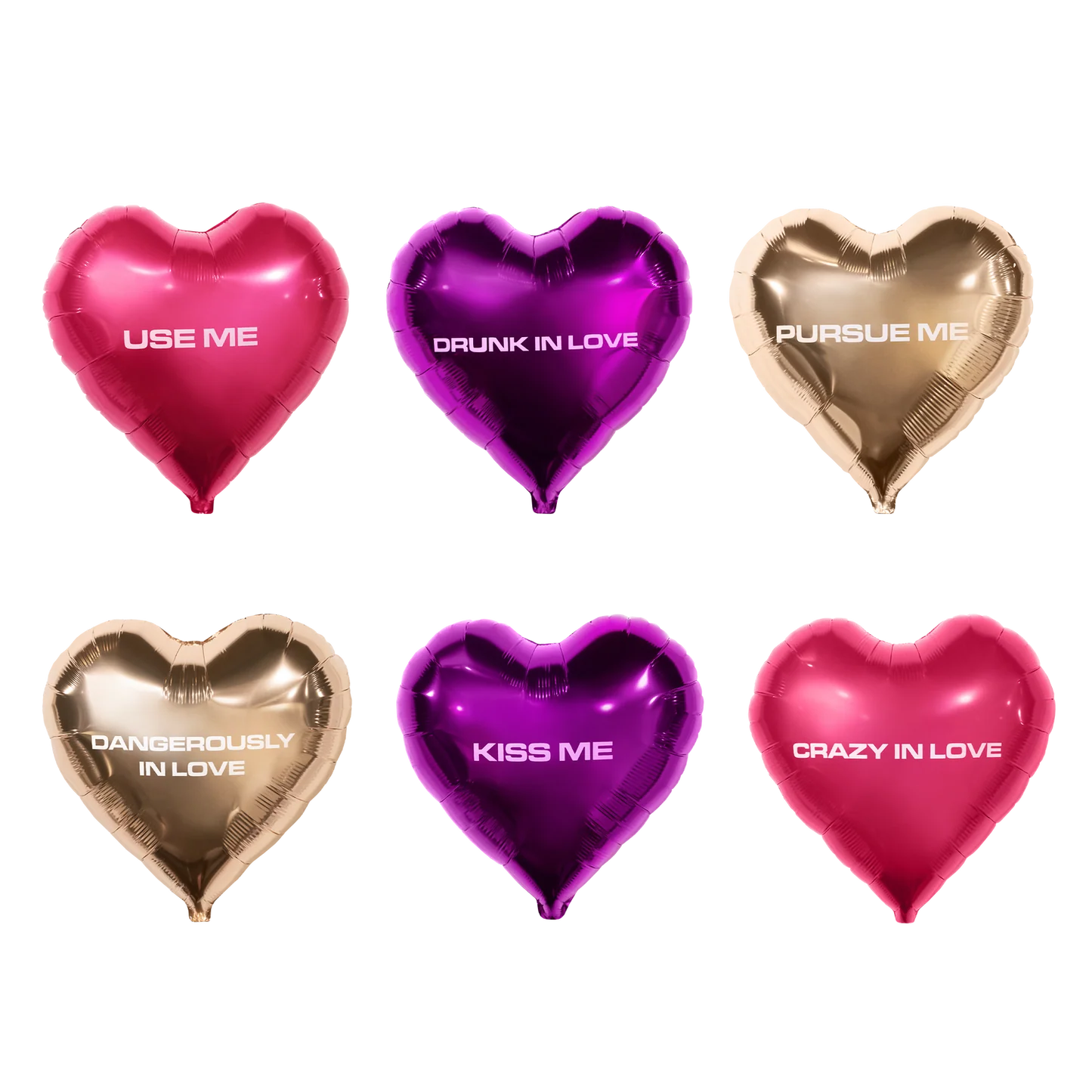 Six heart balloons set featuring use me, drunk in love, pursue me, dangerously in love, kiss me, and crazy in love