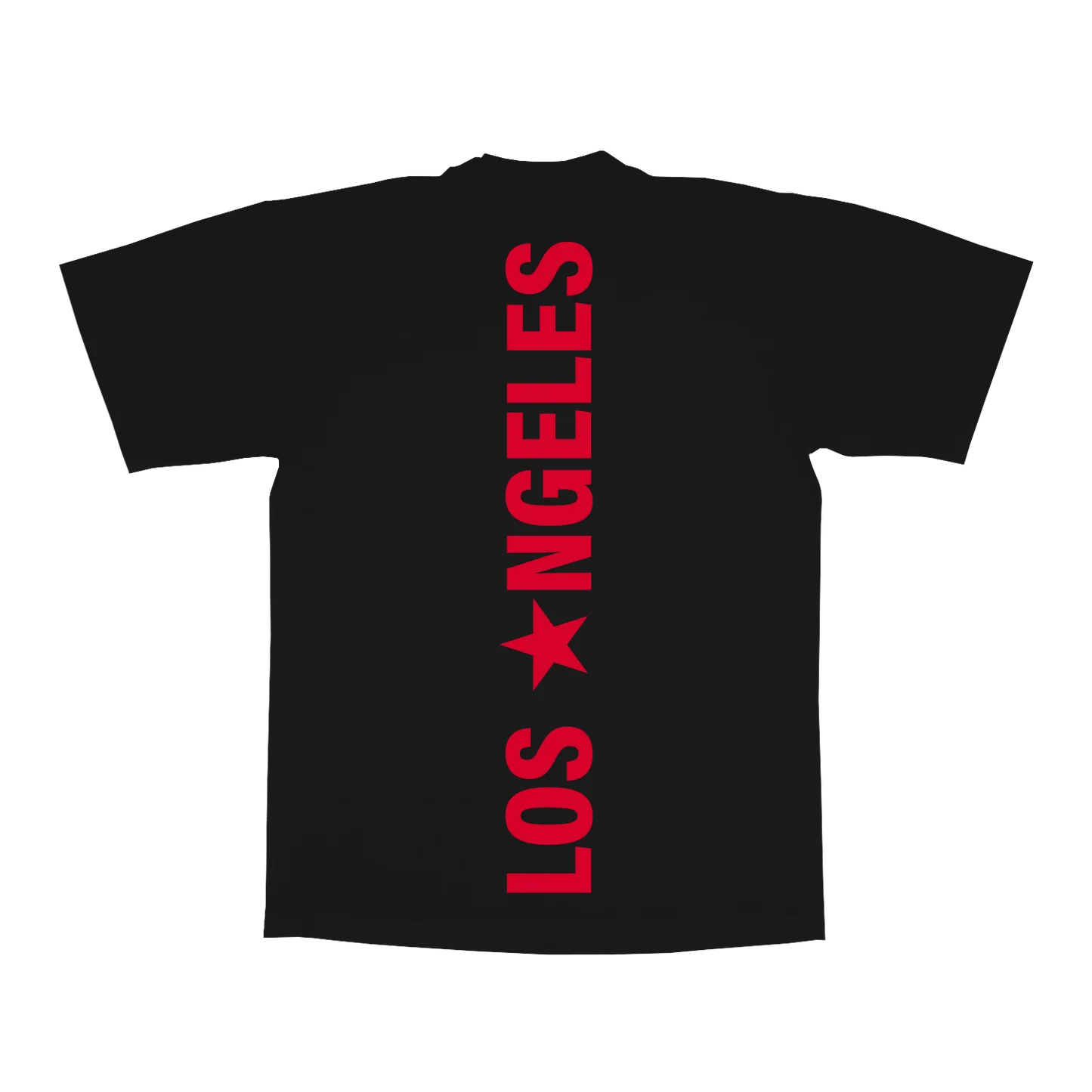 Black t-shirt back featuring bold vertical Los Angeles text in red with star graphic