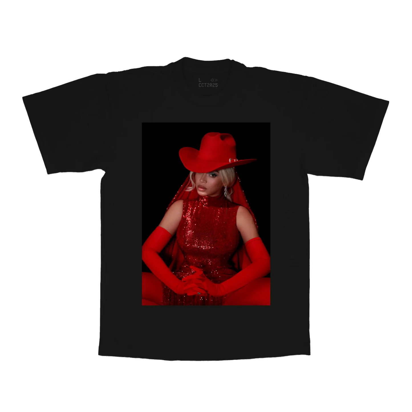 Black t-shirt front with red-toned Beyoncé portrait wearing cowboy hat and sequined outfit