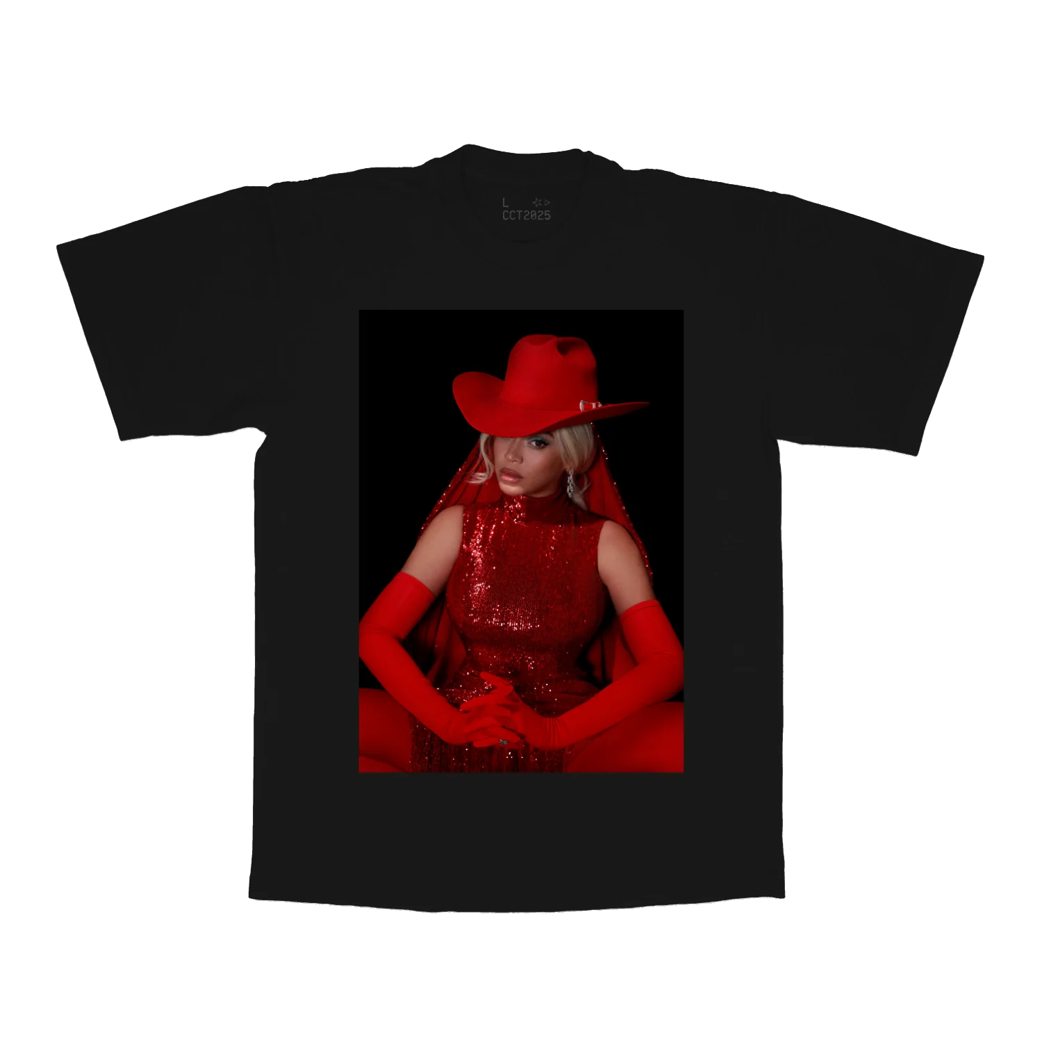 Black t-shirt front with red-toned Beyoncé portrait wearing cowboy hat and sequined outfit