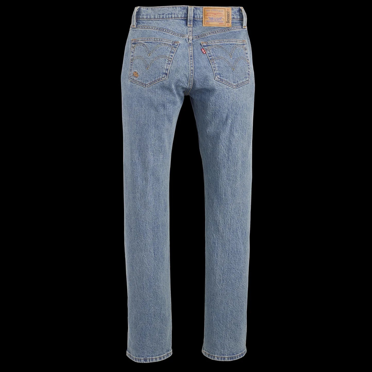 Light wash denim jeans back view featuring classic Levi’s pocket stitching and vintage straight leg fit