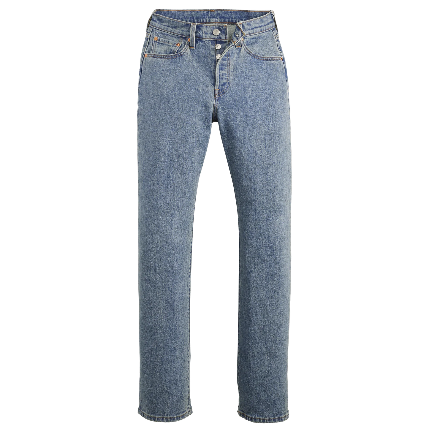Light wash denim jeans front view featuring classic straight fit and button fly design