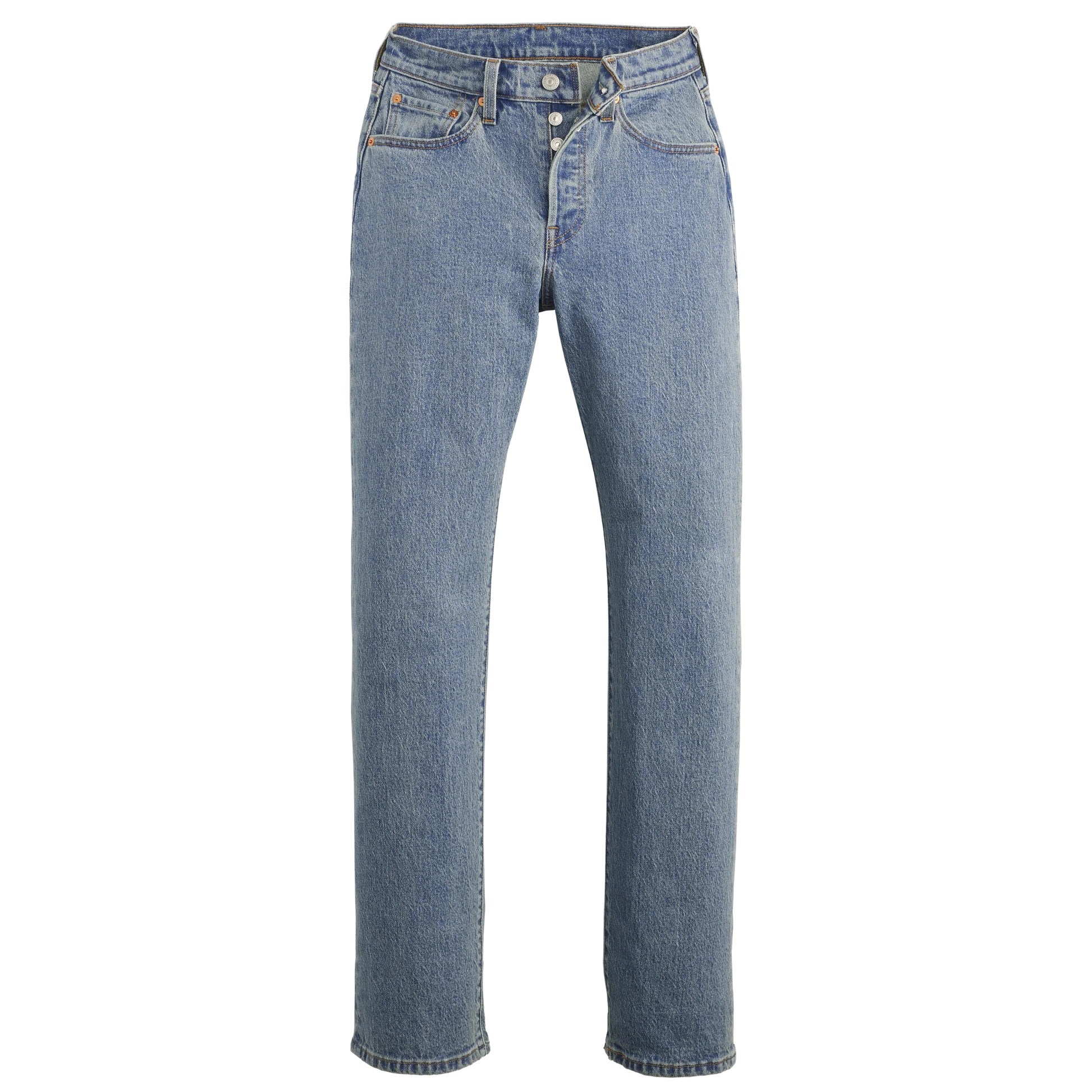 Light wash denim jeans front view featuring classic straight fit and button fly design