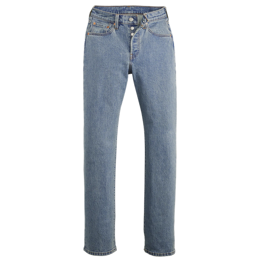 Light wash denim jeans front view featuring classic straight fit and button fly design