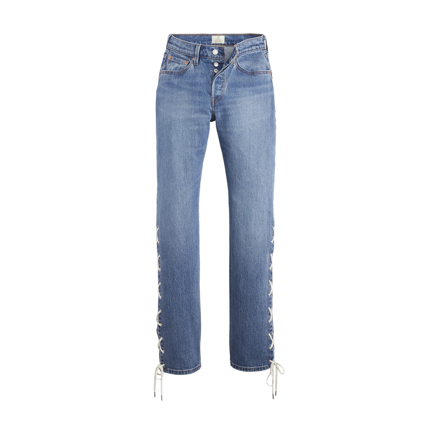 Blue denim Levi’s 501 curve jeans with lace-up side details and straight leg fit