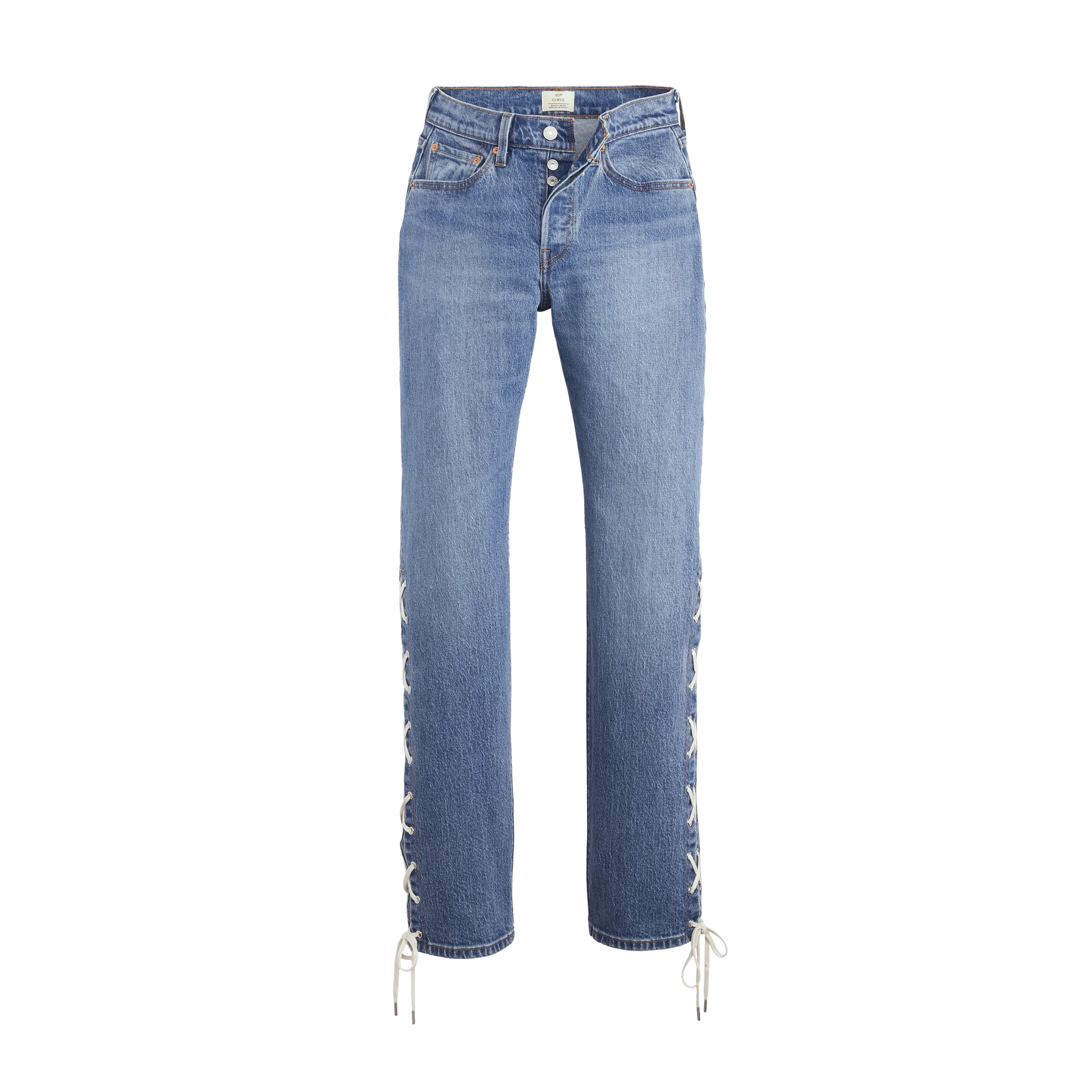 Blue denim Levi’s 501 curve jeans with lace-up side details and straight leg fit