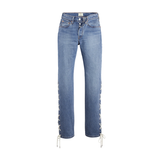 Blue denim Levi’s 501 curve jeans with lace-up side details and straight leg fit