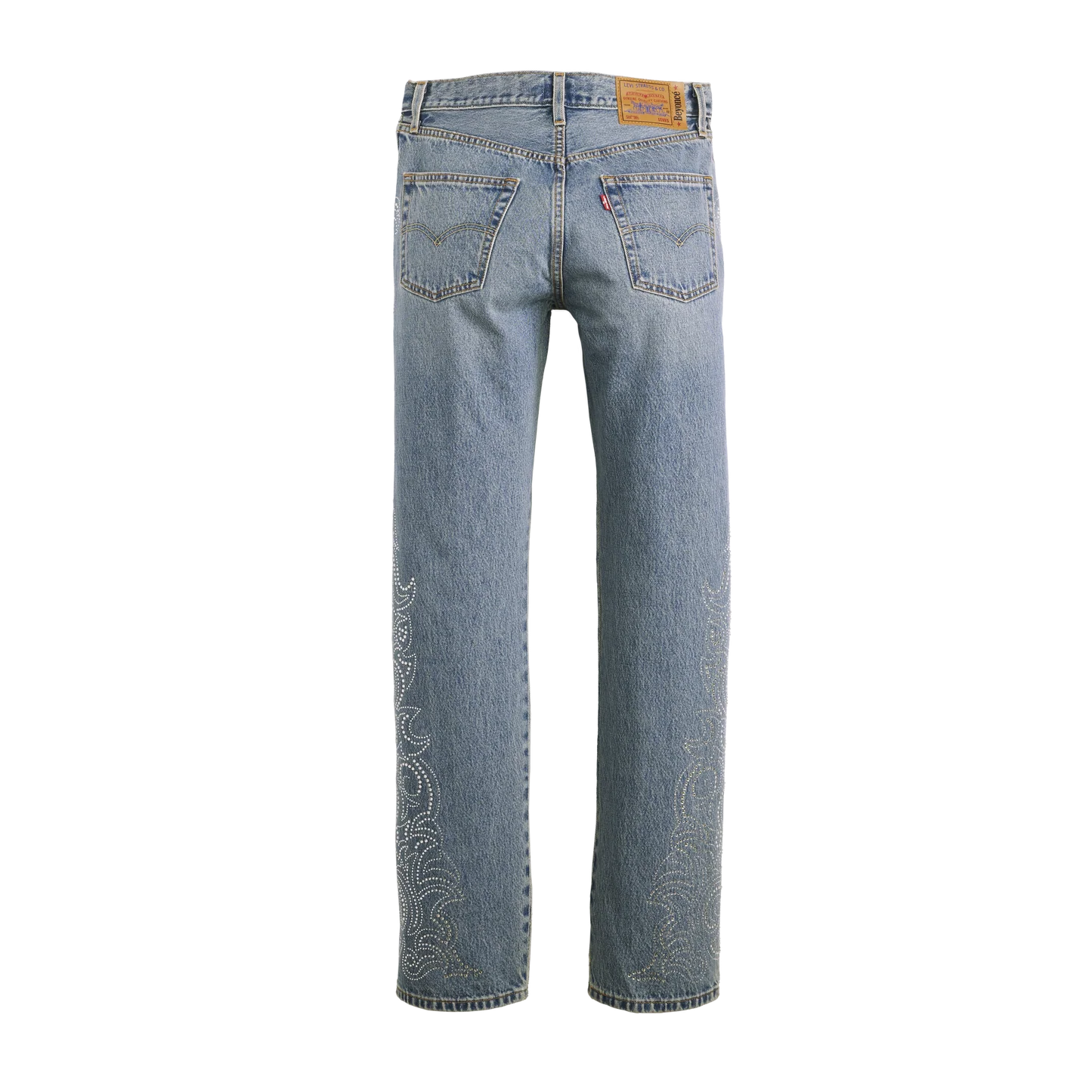 Blue denim Levi’s 501 curve jeans back with classic pockets and crystal western detailing