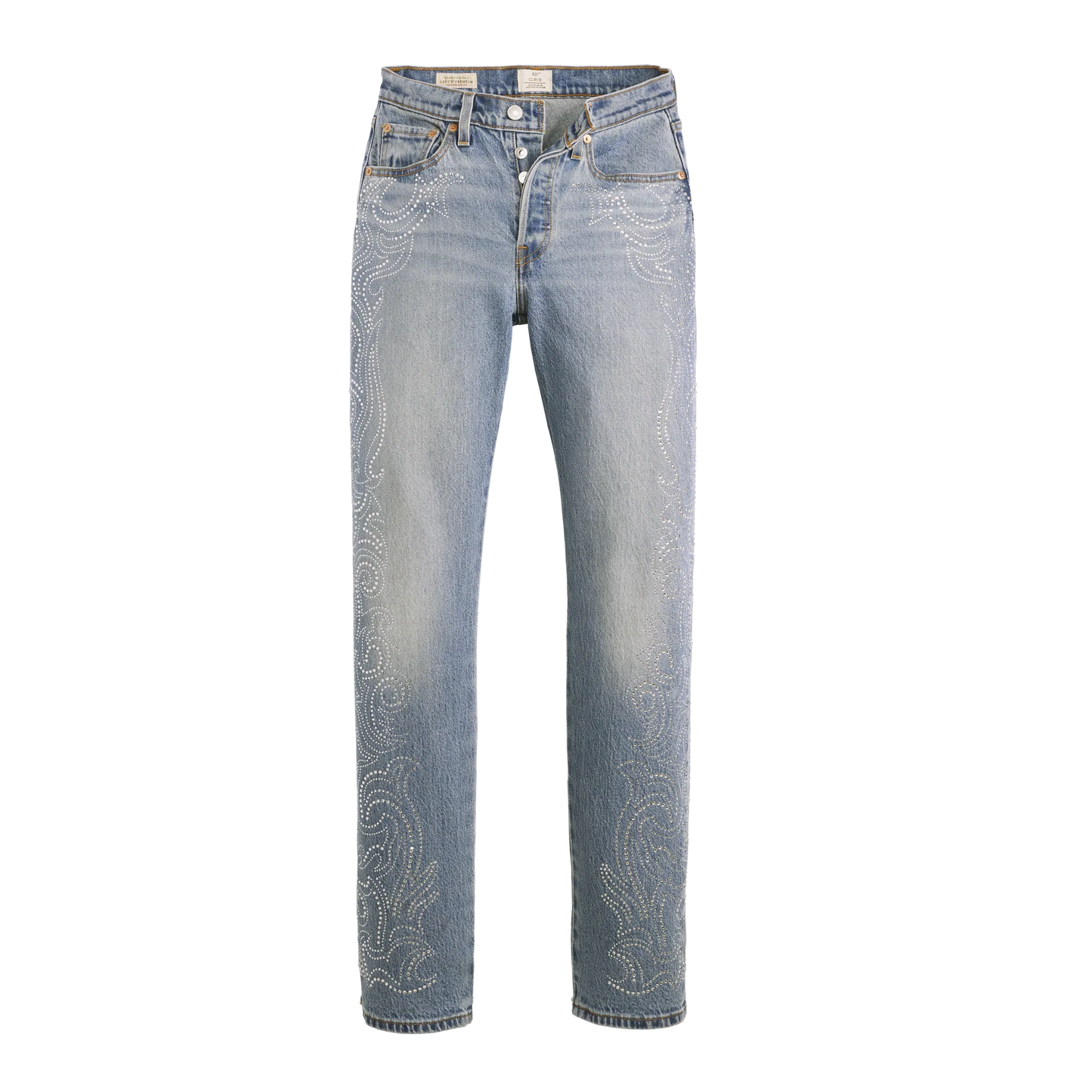 Blue denim Levi’s 501 curve jeans with western crystal embellishment pattern on front
