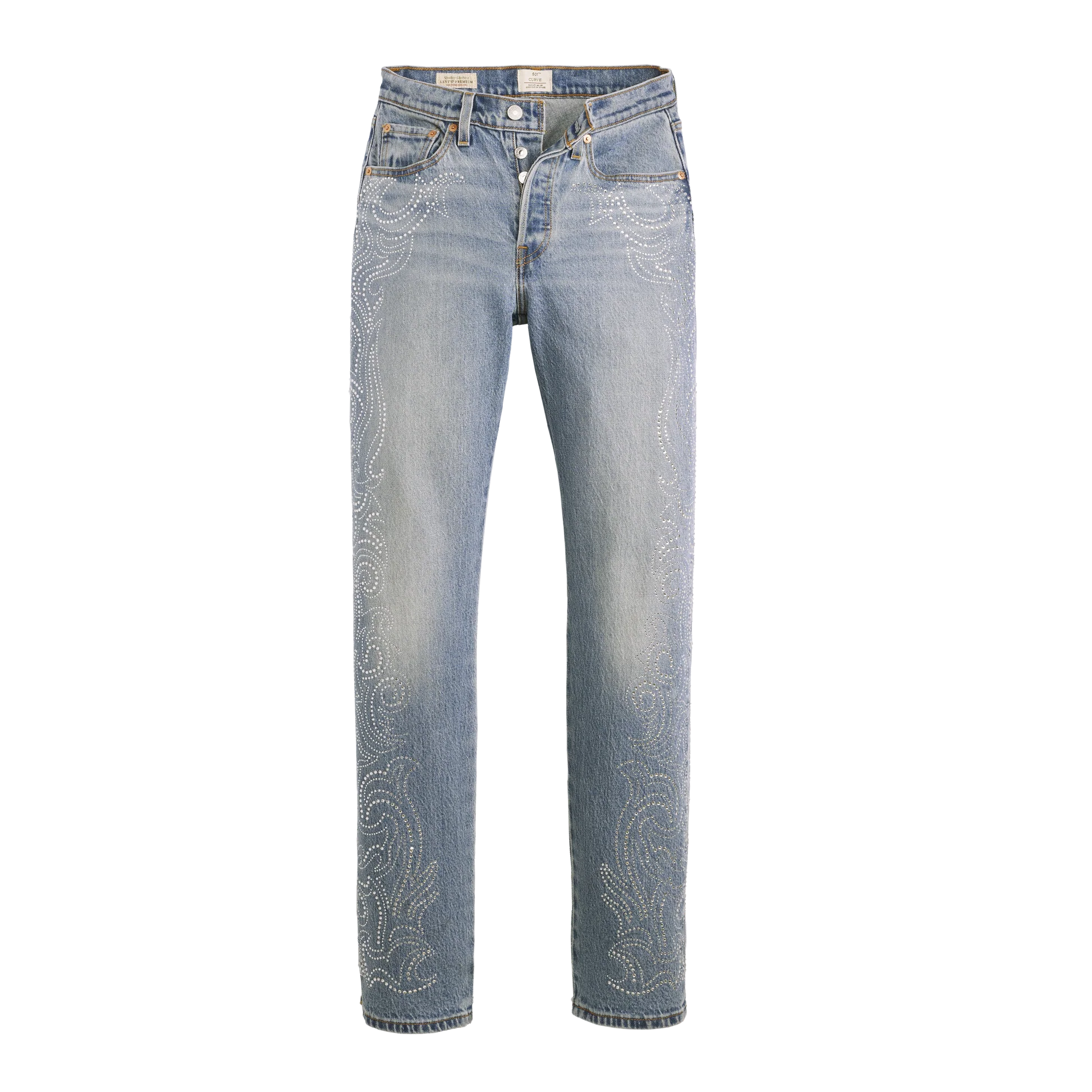Blue denim Levi’s 501 curve jeans with western crystal embellishment pattern on front