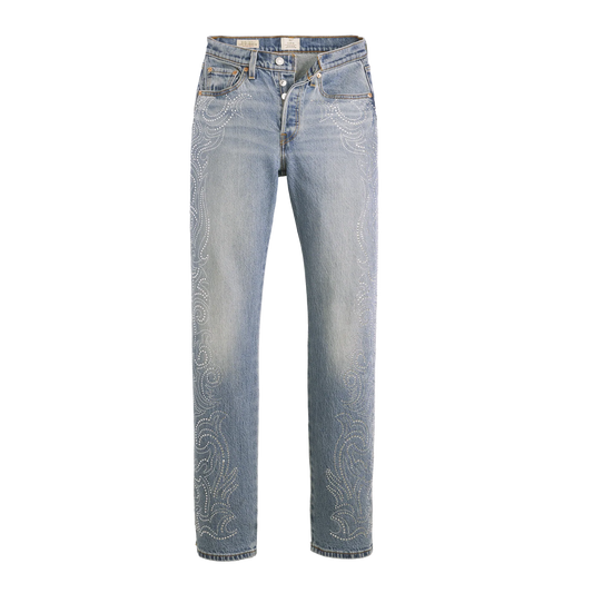 Blue denim Levi’s 501 curve jeans with western crystal embellishment pattern on front