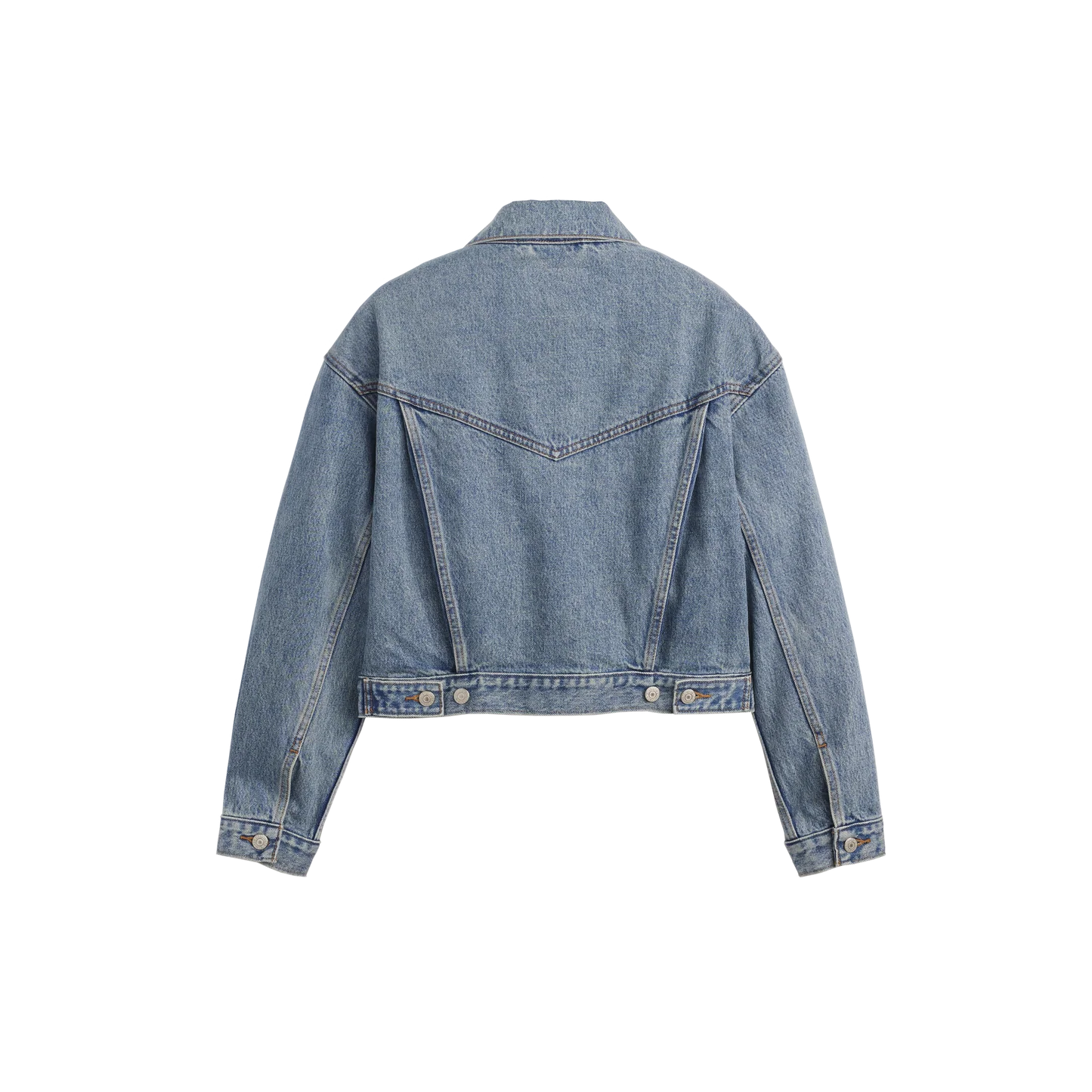 Light blue denim trucker jacket with clean back panel and structured vintage fit