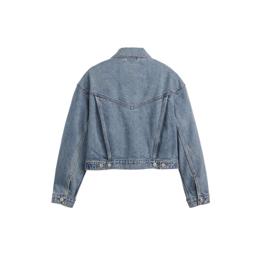 Light blue denim trucker jacket with clean back panel and structured vintage fit