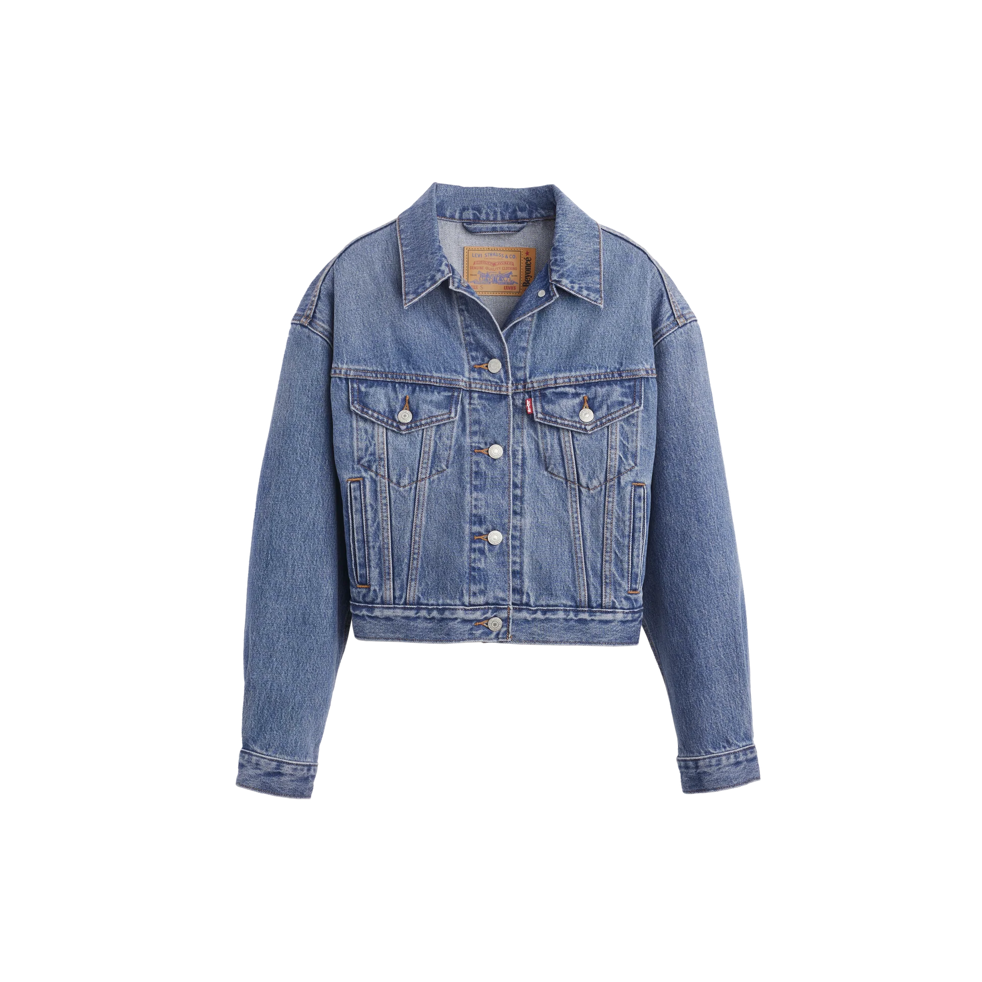 Blue denim Levi’s cropped trucker jacket front view with button closure and chest pockets