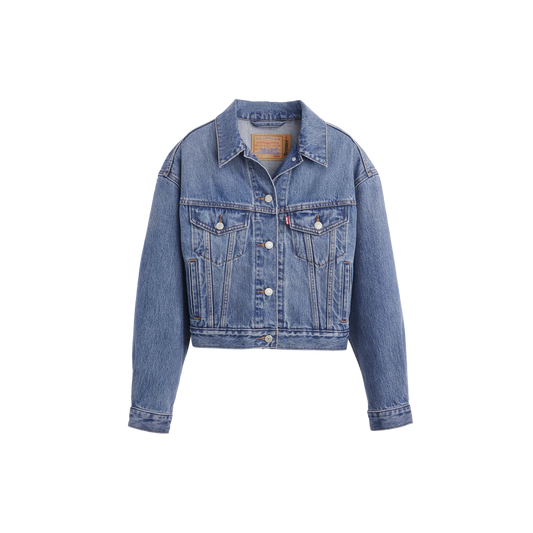 Blue denim Levi’s cropped trucker jacket front view with button closure and chest pockets