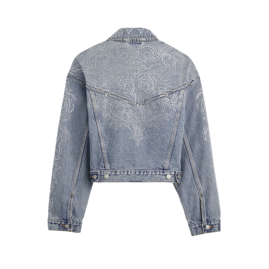 Light wash denim jacket back with intricate crystal western design across shoulders and back