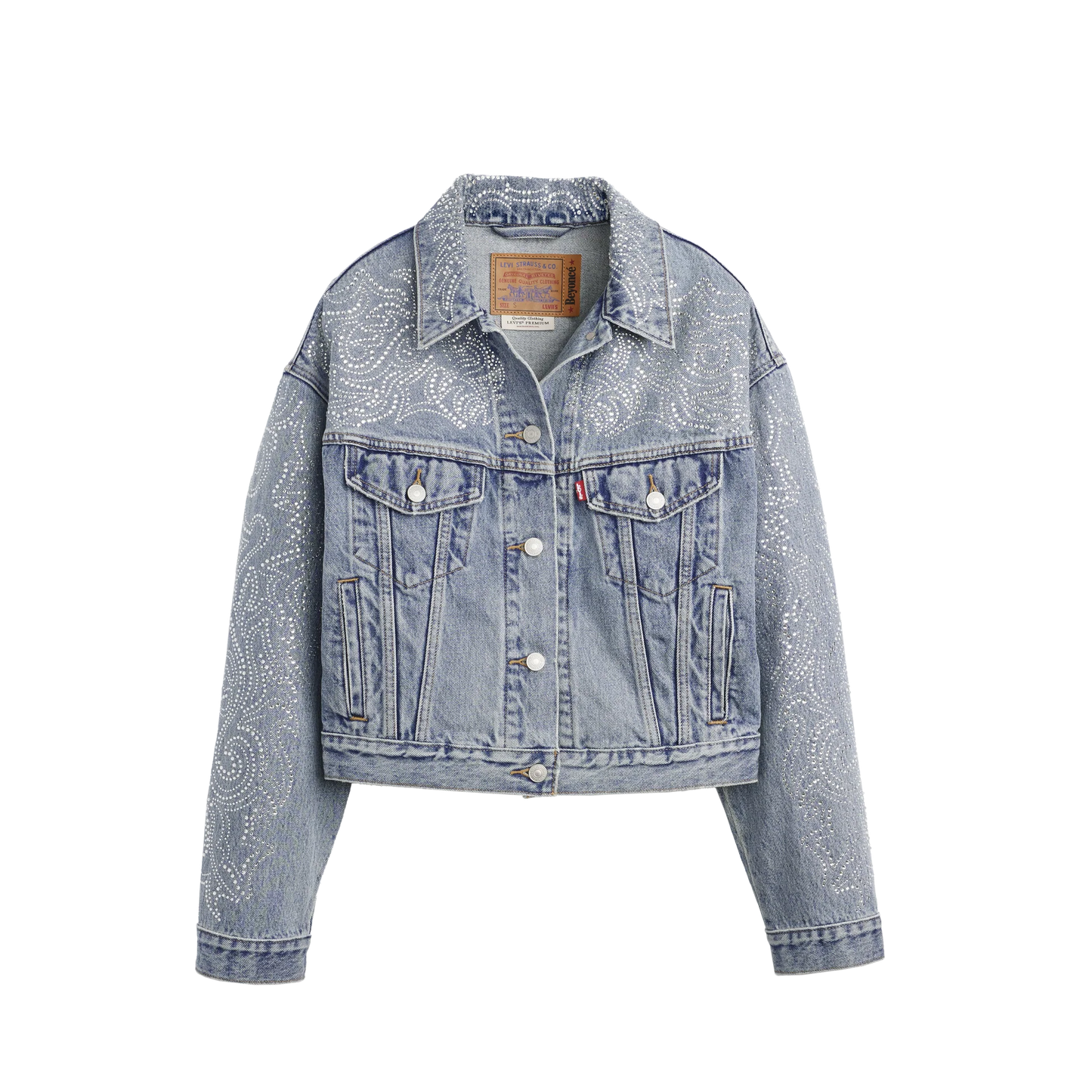 Light wash denim jacket featuring crystal western pattern detailing with classic button front