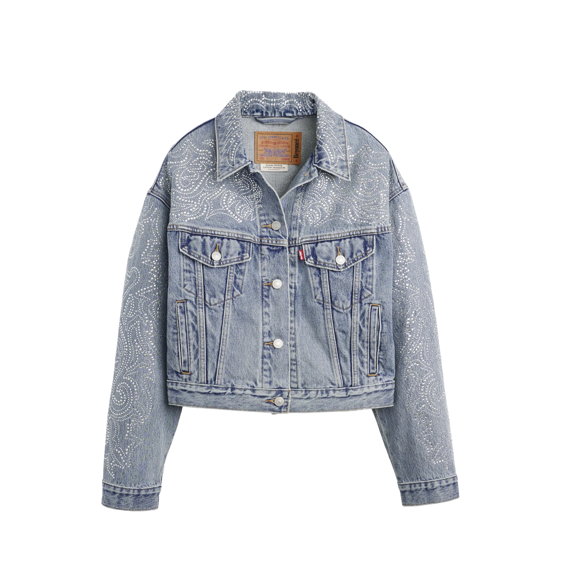 Light wash denim jacket featuring crystal western pattern detailing with classic button front