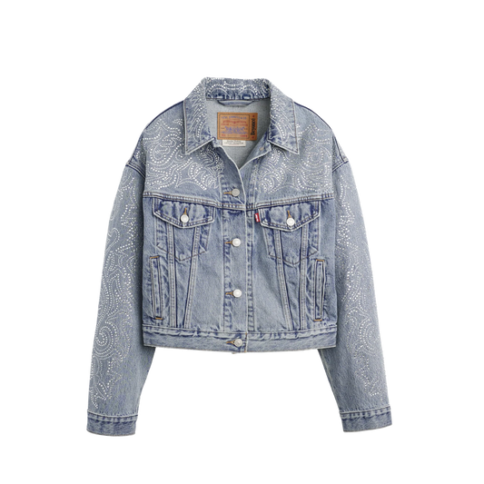 Light wash denim jacket featuring crystal western pattern detailing with classic button front