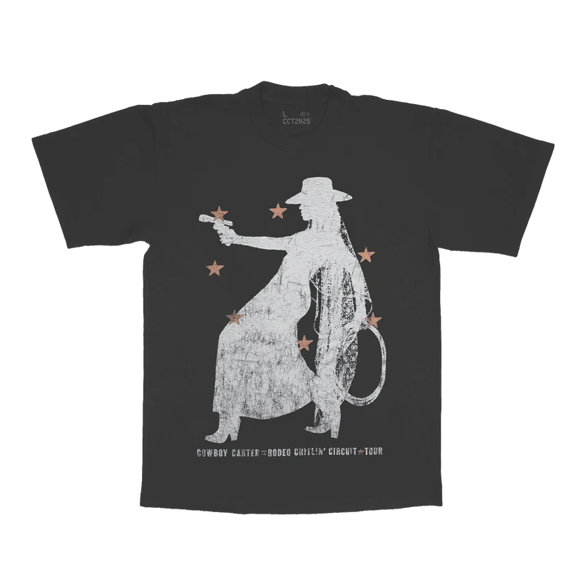 Grey t-shirt front featuring cowboy silhouette graphic with stars and rodeo tour inspired design