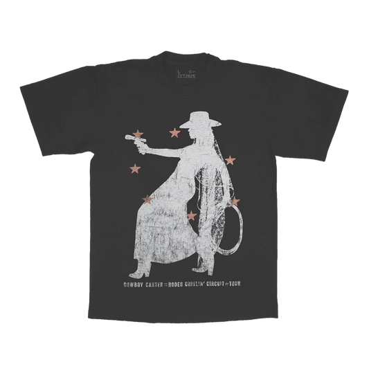 Grey t-shirt front featuring cowboy silhouette graphic with stars and rodeo tour inspired design