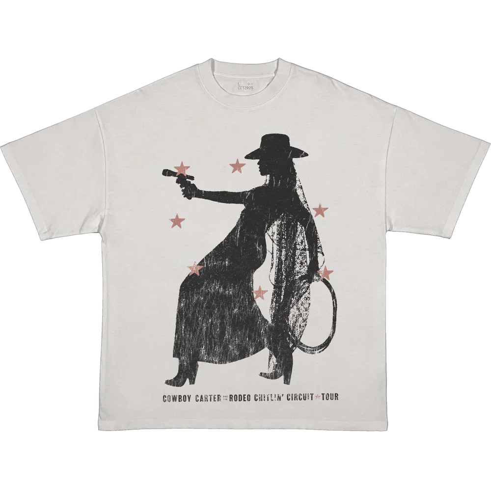 Cream t-shirt front with cowboy silhouette graphic and red stars Cowboy Carter rodeo tour design